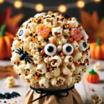 Photo of a Halloween-themed popcorn ball.